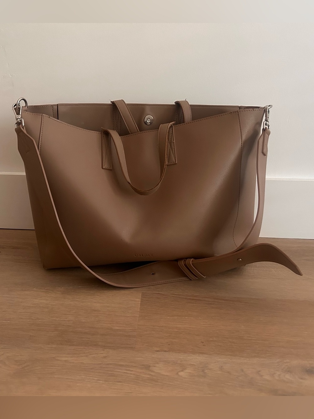 CALPAK Haven Laptop Tote Taupe Vegan Leather Crossbody